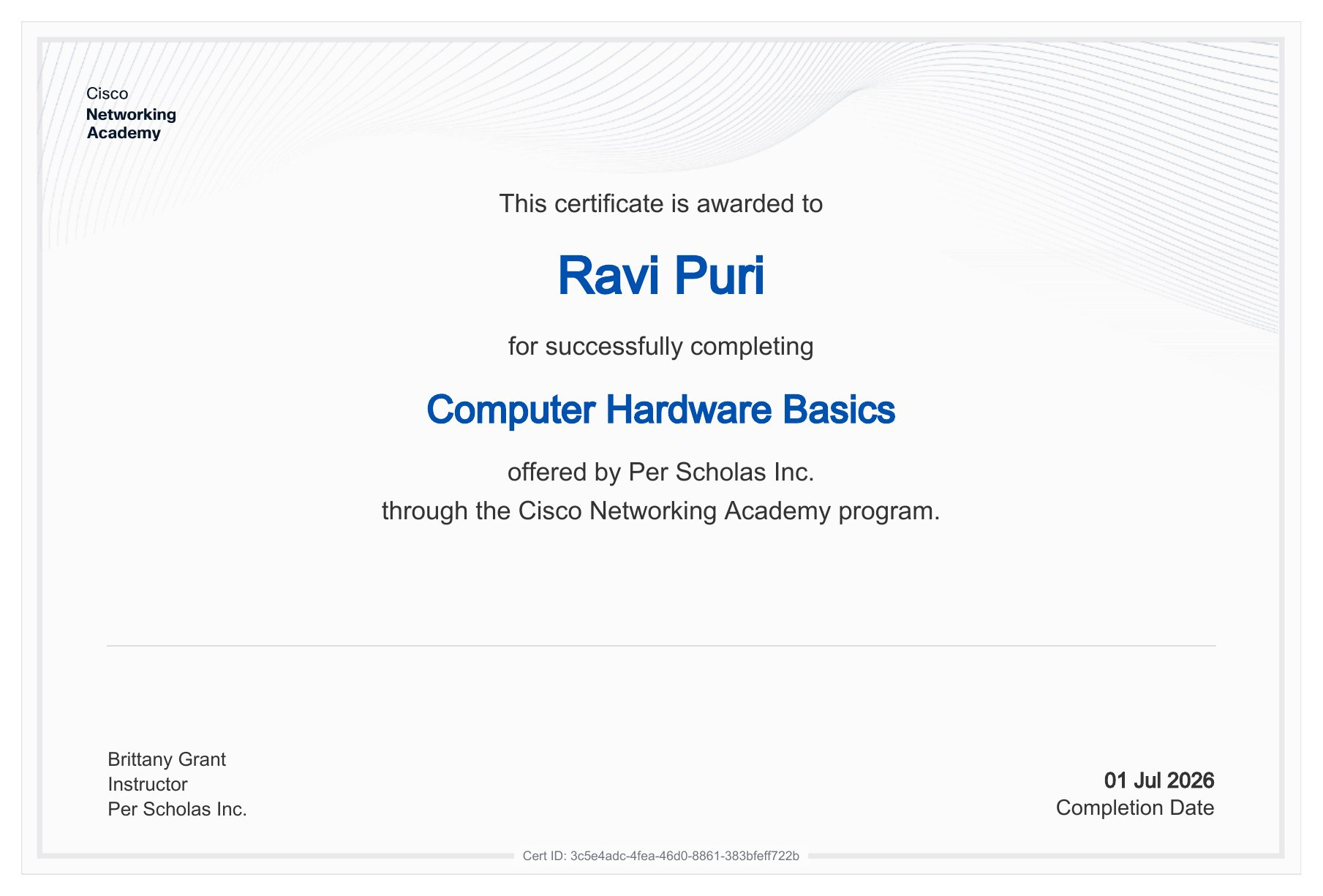 Computer Hardware Basics certificate