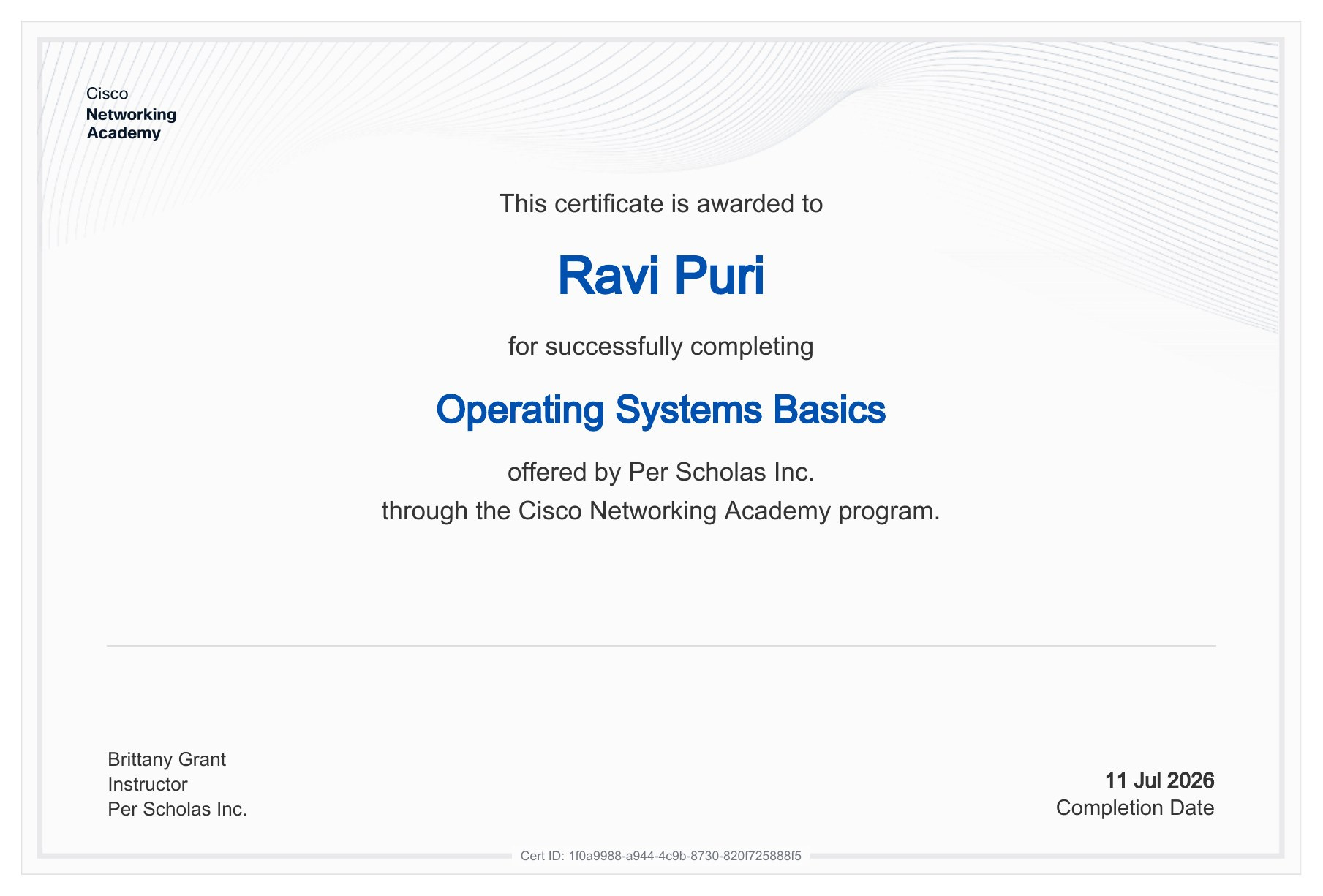 Operating Systems Basics certificate